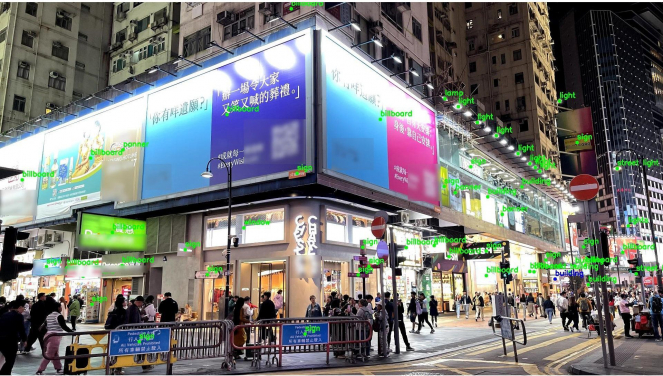 Output of the AI light source detection program. Utilizing deep learning, the AI algorithms distinguish objects from the background, enabling the identification of objects that emit light sources (labeled in green). The development of the External Lighting Index reflects the state of light pollution based on a large number of photos collected from various locations in Hong Kong. Image credit: Hong Kong Light Pollution Research Project Team, HKU.